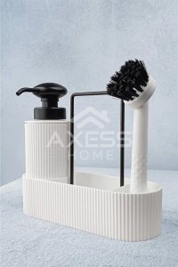 Oval  Hazneli Lüx Fırçalı Beyaz Mutfak Seti & Sıvı Sabunluk Mutfak- Banyo Süngerlik & Sabunluk